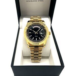 Gold Black Stainless Steel Presidential Luxury Day Date Watch